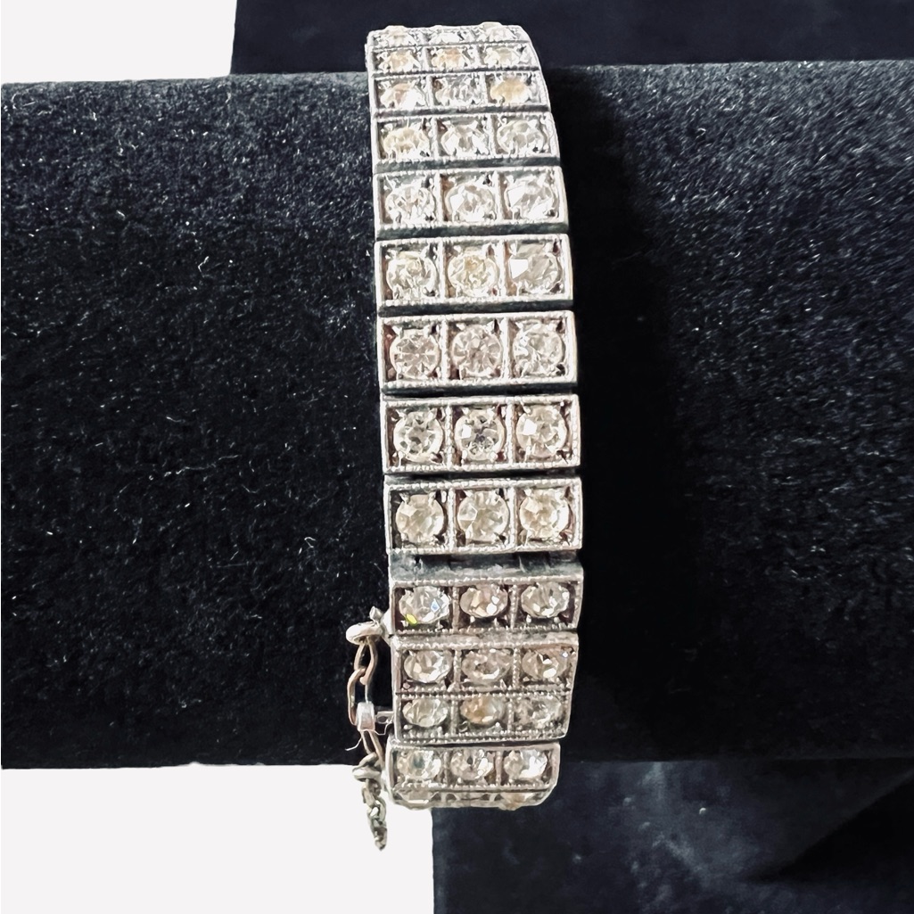 Vintage Sterling Silver Art Dec Diamond Bar Cubic Zirconia Box Clasp Bracelet